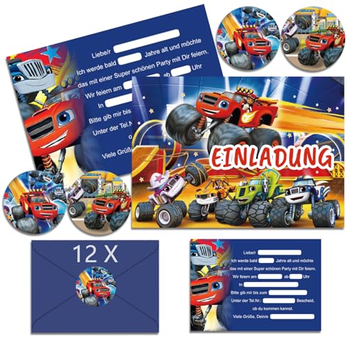 OSOFREE 12x Monste-truck Einladungskarten Kindergeburtstag Junge mit Umschlag Deutsch, Cartoon Geburtstag Einladungskarten Set für Themed Party, Kindergeburtstags Party Einladungen (A6) von OSOFREE