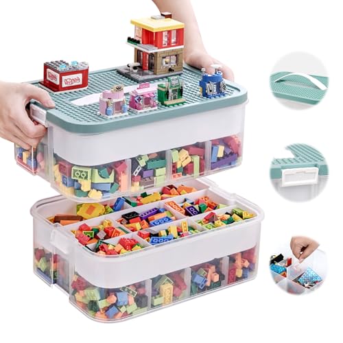 OSTWOLKE Aufbewahrungsbox mit Deckel für Lego, 2 Ebenen Transparente Sortierbox für Kleinteile, Plastik Stapelbar Box mit Griff& Abnehmbarem Tablett& Verstellbaren Fächer für Handwerk, Accessoire von OSTWOLKE