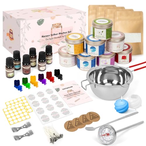 OSTWOLKE DIY Kerzen Selber Machen Set, Candle Making Kit, Kerzenset zum Selbstmachen mit 1KG Sojawachs, 6 Duftöle, 8 Kerzengläser und Sonstiges Kerzen Zubehör, Kerzenherstellung Bastelset Erwachsene von OSTWOLKE