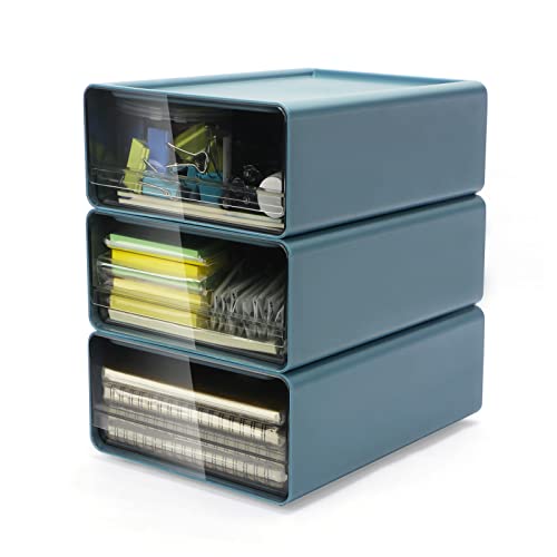 OSTWOLKE Organizer mit Acryl Schubladen 3 Stück, Schreibtisch Organizer, Schubladenbox, Büro Organizer Stapelbar Aufbewahrungsbox für Stifte, Radiergummi und Anderes Bürozubehör, Transparent Blau von OSTWOLKE