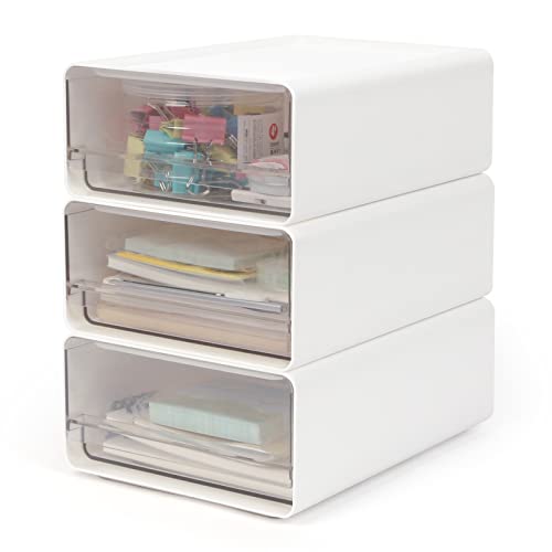 OSTWOLKE Organizer mit Acryl Schubladen 3 Stück, Schreibtisch Organizer, Schubladenbox, Büro Organizer Stapelbar Aufbewahrungsbox für Stifte, Radiergummi und Anderes Bürozubehör, Transparent Weiß von OSTWOLKE