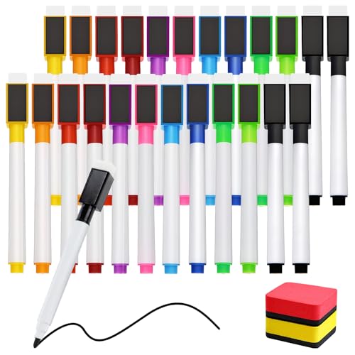 OT-NVWOZR 24 Stück Whiteboard Marker, 11 Farbe Magnetische Whiteboard Stifte mit 2 Whiteboard Schwamm, Fine Tip Folienstift Abwischbar Kreidestifte für Fenster Büro Schule Zuhause von OT-NVWOZR