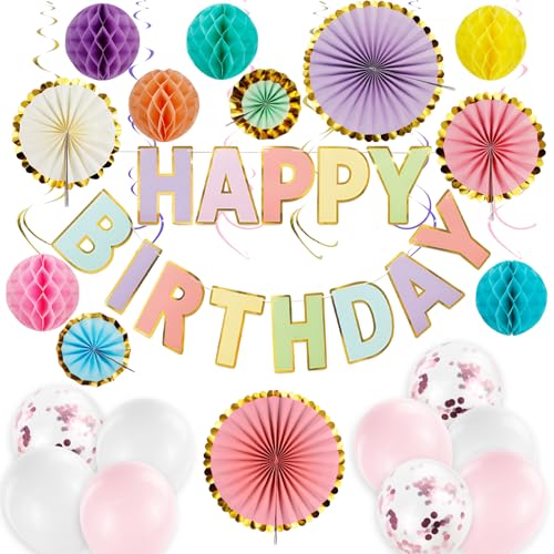 OT-NVWOZR 28 Stück Geburtstagsdeko, Happy Birthday Girlande Mintgrün Papierfächer Wabenbälle für Mädchen Frauen, Hängende Spiralen Luftballons Geburtstag Dekoration Party Deko von OT-NVWOZR