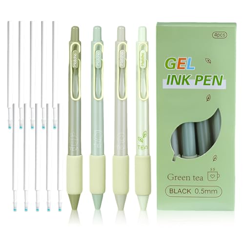 OT-NVWOZR 4 Stück Aesthetic Kugelschreiber, Einziehbare Gelschreiber Niedlich Stifte mit 10 Ersatzminen, 0.5 mm Schwarze Gelstifte mit weichem Griff, Cute Gel Pen für Kinder Studenten Schule (Tees) von OT-NVWOZR