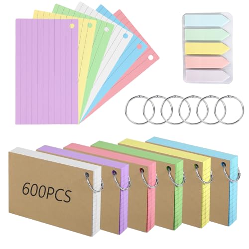 OT-NVWOZR 600 Stück Karteikarten A7, Liniert Vokabelkarten Flashcards mit 100 Haftnotizen, Bunte Lernkarten mit Ringen Kraftpapier Index Cards für Vokabel Lernen Büro Schule von OT-NVWOZR