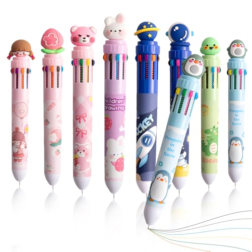 OT-NVWOZR 8 Stück Mehrfarbiger Kugelschreiber Einziehbarer, 10 in 1 Retractable Multicolor Stifte, 0,5mm Farbige Cartoon-Stift für Studenten Kinder Büro Schulbedarf Niedlich Geschenk von OT-NVWOZR