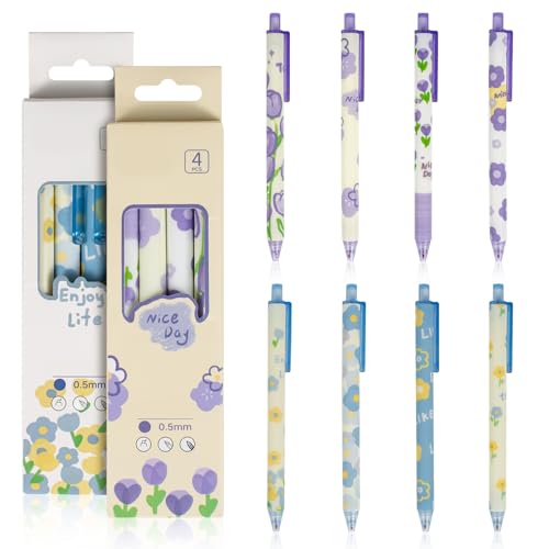 OT-NVWOZR 8PCS Aesthetic Kugelschreiber, Einziehbare Gelschreiber Niedlich Blume Gelstifte, 0,5mm Kawaii Gel Stift Schwarze Tinte, Cartoon Pen Schulsachen für Kinder Studenten Schule Büro von OT-NVWOZR