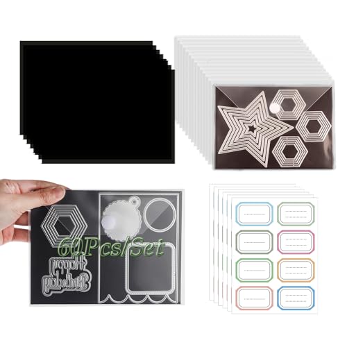 60 Stück/Set Gummi-Magnetbögen, 0,5 mm Dicke, mit transparenten Stempel-Aufbewahrungstaschen, 48 Etiketten Aufkleber, e Umschläge, Stanzformen, Schablonen-Organizer für Kartenherstellung von OTCRAFT