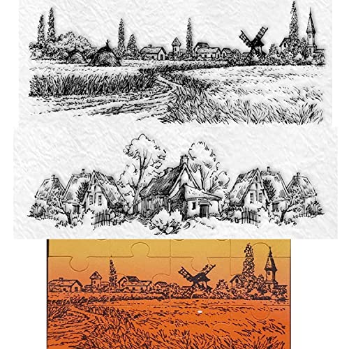 OTCRAFT 2 Stück Retro-Landschaftsstempel-Set, Grasland, Haus, Bäume, transparente Gummi-Stempel, Kartenherstellung für DIY, Scrapbooking, Papier, Basteln, Kunstbedarf, handgefertigt von OTCRAFT