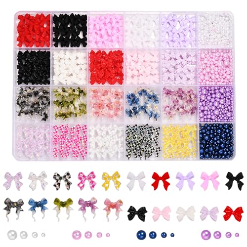 3D Charms Nägel,1Boxen 24Gittern Bunt Perle Schleife Nagel Charms Schleifen Nagel Edelsteine,Nagel Strasssteine Nagelkunst-Dekorationen für Frauen Mädchen Maniküre Design von OTKARXUS