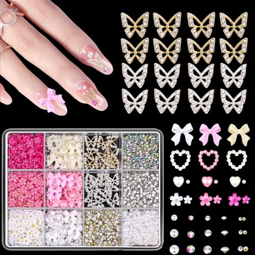 3D Charms Nägel,Weiß Rosa Schleife Herz Blume Perle Nagel Charms Schmetterling Nagel Edelsteine mit Gold Silber Kaviarperlen,Strasssteine Nagelkunst-Dekorationen für Frauen Mädchen Maniküre Design von OTKARXUS