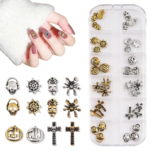 3D Halloween Nail Charms,1Box 12Gitter Schädel Kürbis Bat Spinnennetz Kreuzen Gold Silber Nagel Edelsteine,Halloween Nail Deko für Nageldesign Schmuck Zubehör DIY Basteln von OTKARXUS