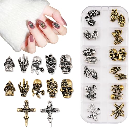 3D Halloween Nail Charms,1Box 12Gitter Skelett Schädel Geister Hand Grabsteine Kreuz Gold Silber Nagel Edelsteine,Halloween Nail Deko für Nageldesign Schmuck Zubehör DIY Basteln von OTKARXUS