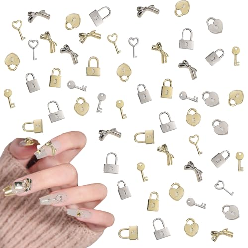 3D Nail Charms,60 Stück Sperren schlüssel Bogen Form Nagel Edelsteine, Gold Silber Metall Legierung nägel Art Charms Nagel Schmuck für Maniküre Design Dekorationen DIY -Kunsthandwerk von OTKARXUS