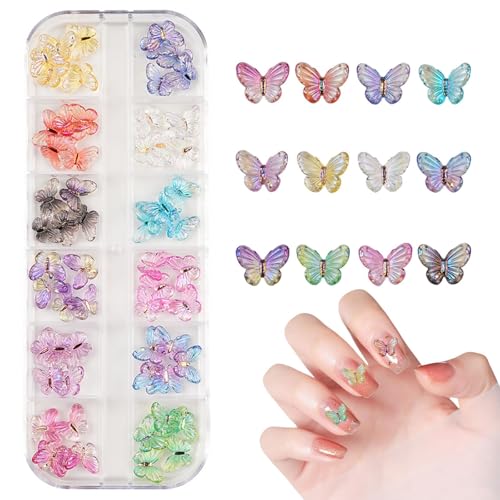 3D-Schmetterling Nagel Charms, 1 Box 12 Rastern Bunte Schmetterling Nagelkunst Charms, Kunstharz Nail Art Dekorationens für Frauen Mädchen Maniküre-Design DIY-Handwerk (Farbenfroh B) von OTKARXUS