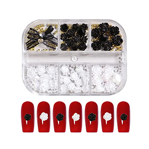 Blumen-Nagelanhänger, 1 Box mit 6 Fächern, 3D-Nagelblumen mit weißen Perlen und goldenen Kaviar-Perlen, Nagelkunst, Strasssteine, Nagelschmuck für Frauen und Mädchen, DIY-Nagelkunst-Design von OTKARXUS