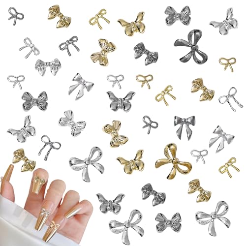 Bow Nail Charms,150 Stück Gold Silber 3D Schleifen Nägel Charm,Metall Legierung Bogenknoten Bogen Schmetterling Nagel Edelsteine Nagel Zubehör for Nageldesign Dekorationen DIY Handwerk Schmuckzubehör von OTKARXUS