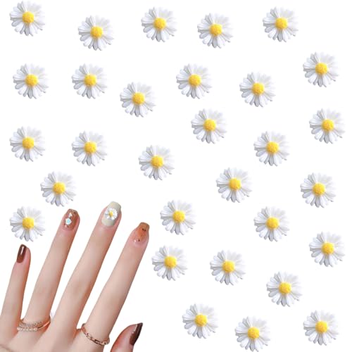 Gänseblümchen Nagel Charms,100 Stück Weiß Flower Nail Charms,Harz Blume Nägel Zubehör Nagel Strasssteine für Frauen und Mädchen DIY Nageldesign Dekorations von OTKARXUS