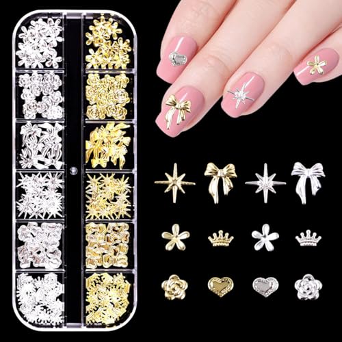 Gold Silber Nagel Charms,1Boxen 12Raster Stern Herz Blumen Schleifen Nägel Charm Nail Studs,Punk Metall Legierung Nagel Edelstein Bogenknot Krone Mond Dekorations Zubehör für Nagel Design DIY Basteln von OTKARXUS