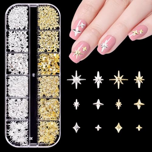 Gold Silber Nagel Charms,1Boxen 12Raster Stern Herz Blumen Schleifen Nägel Charm Nail Studs,Punk Metall Legierung Nagel Edelstein Bogenknot Krone Mond Dekorations Zubehör für Nagel Design DIY Basteln von OTKARXUS