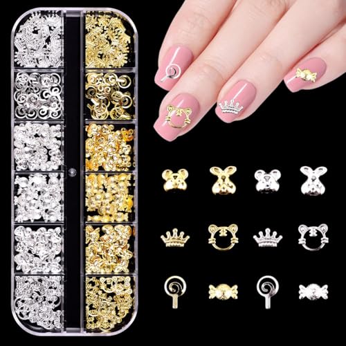 Gold Silber Nagel Charms,1Boxen 12Raster Stern Herz Blumen Schleifen Nägel Charm Nail Studs,Punk Metall Legierung Nagel Edelstein Bogenknot Krone Mond Dekorations Zubehör für Nagel Design DIY Basteln von OTKARXUS