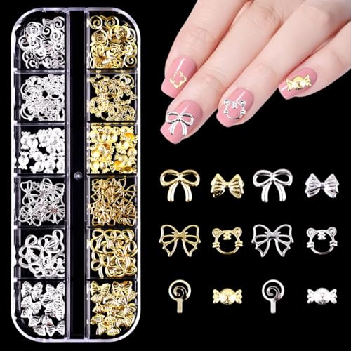 Gold Silber Nagel Charms,1Boxen 12Raster Stern Herz Blumen Schleifen Nägel Charm Nail Studs,Punk Metall Legierung Nagel Edelstein Bogenknot Krone Mond Dekorations Zubehör für Nagel Design DIY Basteln von OTKARXUS