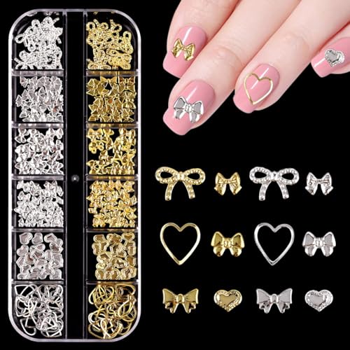 Gold Silber Nagel Charms,1Boxen 12Raster Stern Herz Blumen Schleifen Nägel Charm Nail Studs,Punk Metall Legierung Nagel Edelstein Bogenknot Krone Mond Dekorations Zubehör für Nagel Design DIY Basteln von OTKARXUS