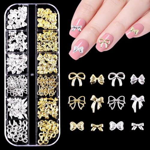 Gold Silber Nagel Charms,1Boxen 12Raster Stern Herz Blumen Schleifen Nägel Charm Nail Studs,Punk Metall Legierung Nagel Edelstein Bogenknot Krone Mond Dekorations Zubehör für Nagel Design DIY Basteln von OTKARXUS