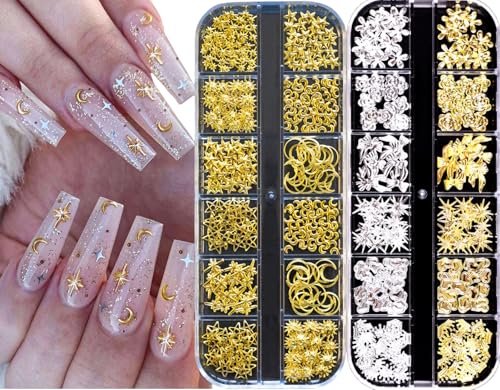 Gold Silber Nagel Charms,2Boxen 24Raster Stern Herz Blumen Schleifen Nägel Charm Nail Studs,Punk Metall Legierung Nagel Edelstein Bogenknot Mond Dekorations Zubehör für Nagel Design DIY Basteln von OTKARXUS