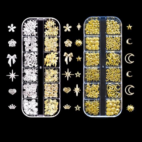 Gold Silber Nagel Charms,2Boxen 24Raster Stern Herz Blumen Schleifen Nägel Charm Nail Studs,Punk Metall Legierung Nagel Edelstein Bogenknot Mond Dekorations Zubehör für Nagel Design DIY Basteln von OTKARXUS