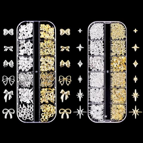 Gold Silber Nagel Charms,2Boxen 24Raster Stern Schleifen Nägel Charm Nail Studs,Punk Metall Legierung Nagel Edelstein Bogenknot Nagelkunst Dekorations Zubehör für Nagel Design DIY Basteln von OTKARXUS