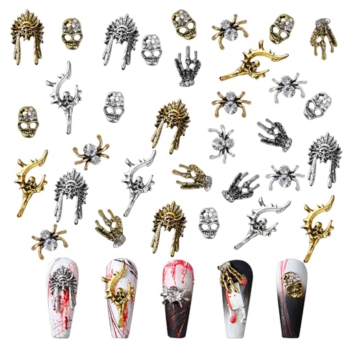 Halloween Nail Charms,30 Stück Geisterkrallen Spinnen Nagel Edelsteine ​​mit Strasssteinen,Retro Skelett Totenkopf Hand Gold Silber Metall Legierung Nagelkunst-Schmuck-Dekoration für DIY Nageldesign von OTKARXUS