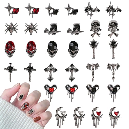 Halloween Nail Charms,32PCS Stück Schädel Spinne, Kreuz, Mond, Herz, Nagel-Strasssteine und Edelsteine, Silber Legierung Nail-Art-Schmuck Dekoration für DIY Halloween Nageldesign Handwerk von OTKARXUS