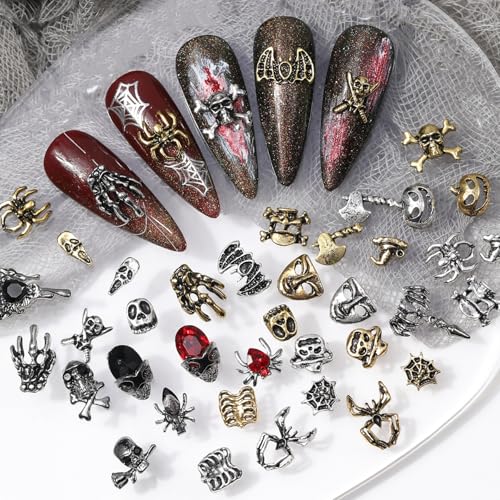 Halloween Nail Charms,75 Stück Totenkopf Spinnen Nagel Edelsteine mit Strasssteine,Retro Skelett Geister Hand Kürbis Spinnennetz Gold Silber legierung Nagelkunst-Schmuck Dekoration für DIY Nageldesign von OTKARXUS