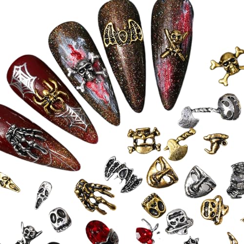 Halloween Nail Charms,75 Stück Totenkopf Spinnen Nagel Edelsteine mit Strasssteine,Retro Skelett Geister Hand Kürbis Spinnennetz Gold Silber legierung Nagelkunst-Schmuck Dekoration für DIY Nageldesign von OTKARXUS