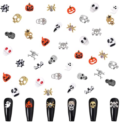 Halloween Nail Charms,Geisterkopf Spinnen Nagel Edelsteine ​​mit Strasssteine, Skelett Totenkopf Kürbis Spinnennetz Fledermaus Legierung Nagelkunst Schmuck Dekoration für DIY Nageldesign von OTKARXUS