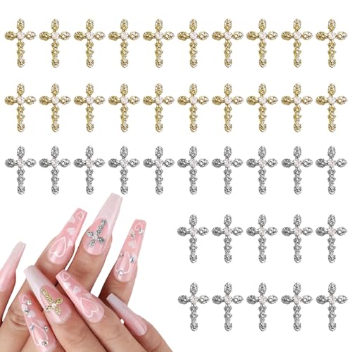 Nagelkunst-Kreuz, 40 Stück Strasssteine Kreuz Nagel Charms,Nagelkunst Edelsteine Gold Silber Metall Legierung Nageldekoration für Maniküre Handwerk DIY Nagelkunst Schmuckherstellung (B Gold Silber) von OTKARXUS