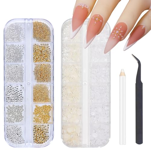 Nailart Perlen Kaviar Perlen Nägel,2Boxen Flackback Perlen Nail Charms und Gold Silber Kaviar Strasssteine mit Aufnahmestift und Pinzette,Weiß Beige Nagel Perlen Mikroperlen Dekor für Nägel Design von OTKARXUS