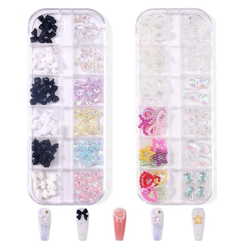 Schleife Nail Art Charms, 2 Boxen 24 Raster Perle Liebe Herz Stern Nagel Charms,3D Aurora Bowknot Shell Nail Art Dekorationen für Nagelkunst Design DIY Crafting Party täglich Hochzeit von OTKARXUS