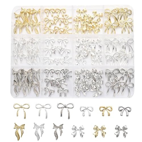 Schleife Nail Charms,1 Boxen Gold Silber Bogen Metall Nägel Strasssteine Nail Studs,Legierung Schleifen Nagelkunst Dekorations Nagel Edelsteine für Nageldesign Zubehör von OTKARXUS