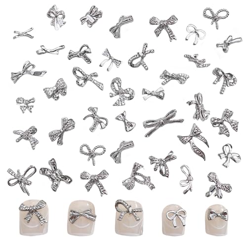 Schleife Nail Charms,100 Stück Silber Legierung Bogen Nagel Charms,Schleife Fliege Nagel-Edelsteine Metall Nagel-Kunst-Dekorationen Zubehör für Maniküre-Design DIY-Handwerk (E Silber) von OTKARXUS