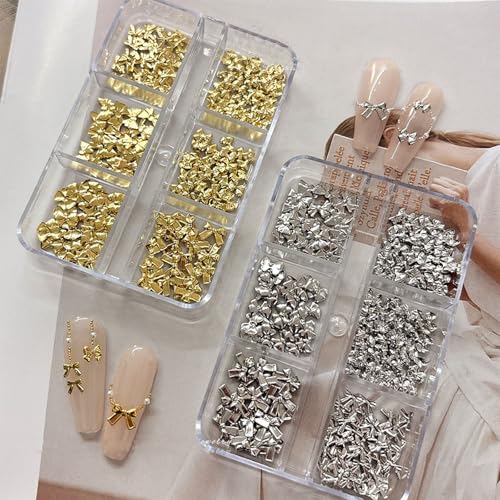 Schleife Nail Charms,2 Boxen Gold Silber Bogen Metall Nägel Strasssteine Nail Studs,Legierung Schleifen Nagelkunst Dekorations Nagel Edelsteine für Nageldesign Zubehör (Gold Silber Schleifen) von OTKARXUS