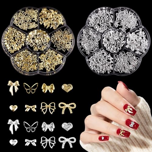 Schleifen Nail Charms,2Boxen 14Raster Gold Silber Bogenknot Herz Nagel Edelsteine Strasssteine,Metall Legierung Nail Studs Bow Tie Schmetterling Nagelkunst Dekorationen Accessoires für Nageldesign von OTKARXUS