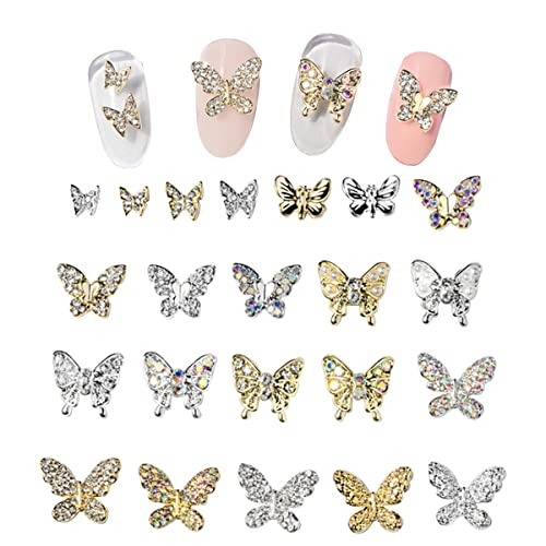 Schmetterlings-Nagelanhänger, 22 Stück, gemischte 3D-Metall-Schmetterling-Nagel-Strass-Anhänger, glänzende Nagelsteine, Schmuck-Nieten für Nagelkunst Design Dekorationen DIY Handwerk(Gold,Silber) von OTKARXUS