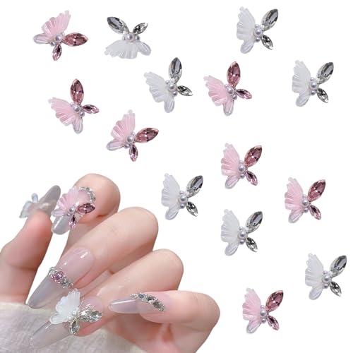 Schmetterlings-Nagelanhänger, Perlen-Strass-Schmetterling, Nagelkunst-Anhänger, weiß-rosa Schmetterlinge, Nagel-Strasssteine, Nageldekoration, Zubehör für Damen und Mädchen, Maniküre-Design, 12 Stück von OTKARXUS