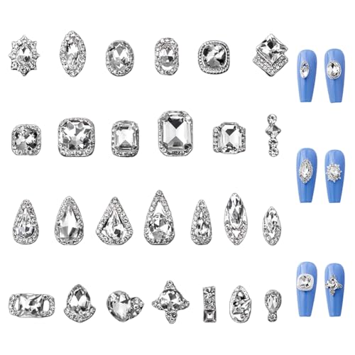 Silber Strasssteine für Nägel,26 Stück Geometrische ovale quadratische Wassertropfen klarer Nagel Edelsteine,Kristall Diamants Metall Legierung Nagel Steine 3D Nail Charms für Nageldesign Dekorationen von OTKARXUS