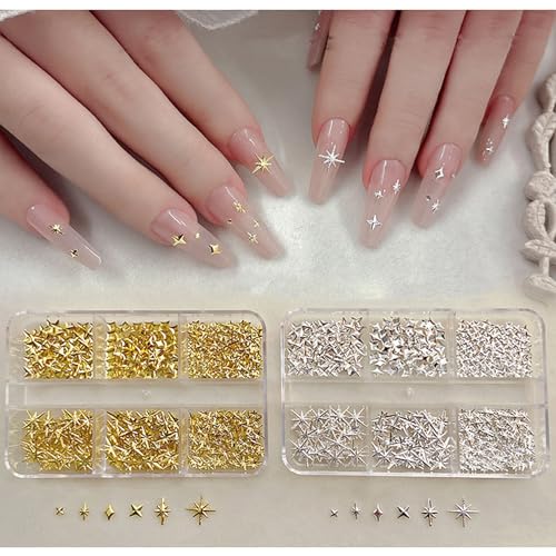 Stern Nail Charms,2 Boxen Gold Silber Sterne Metall Nägel Strasssteine Nail Studs,Legierung Star Nagelkunst Dekorations Nagel Edelsteine für Nageldesign Zubehör (Gold Silber Stern) von OTKARXUS