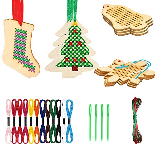 Weihnachts-Kreuzstich-Set,Holz-Kreuzstich-Set,12 Stück, Strumpf/Schneeflocken/Glocken-Form, Kreuzstich-Holz, Weihnachtsbaum-Dekoration zum Aufhängen,DIY-Handwerk für Kinder,Weihnachtsbaum-Dekoration von OTKARXUS