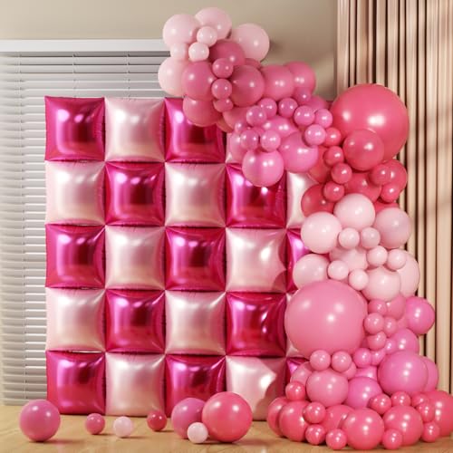 75 Stück Hot Magenta Pink Quadratische Folienballons Wandtunnel Hintergrund Doppelseitig mit rosa Luftballons Bogen Girlande Kit für Jahrestag Junggesellinnenabschied Geburtstag Valentinstag Party von OTLGEUA