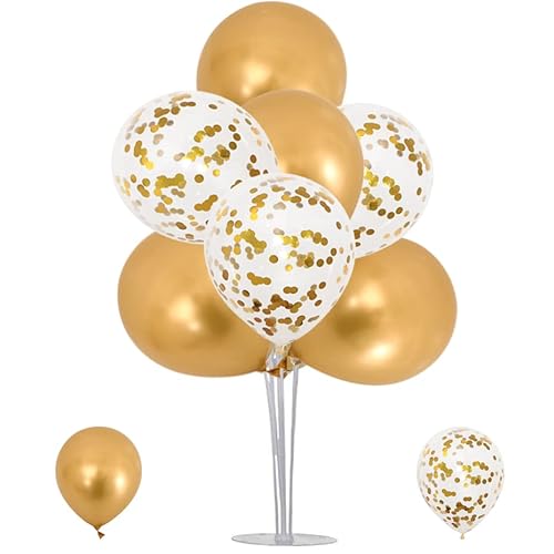 OTMVicor Goldballons mit Tischständer-Set, 1 x Ballonständer, 4 x metallische goldfarbene Luftballons, 4 x goldene Konfetti-Luftballons für Partys von OTMVicor